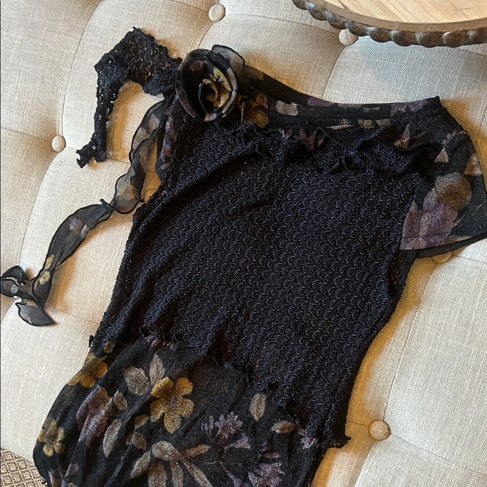 Statement Y2K Dong Fang Ming Li Floral Mesh Crochet Asymmetrical Top Size Small - Picture 6 of 8